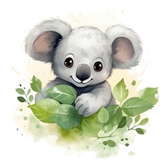 Happy cute koala in leaves in the watercolor style on the white background.