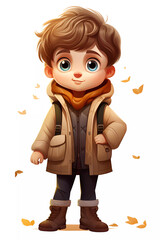 Cute Boy Dressed in Autumn Clothes. Happy cartoon character. Realistic colorful isolated illustration on white background.