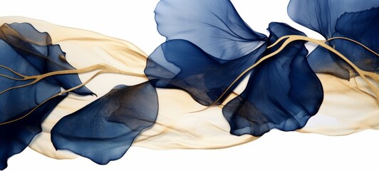 Aufkleber - Abstract marbled ink liquid fluid watercolor painting texture banner illustration - Blue petals, blossom flower flowers swirls gold painted lines, isolated on white background