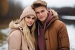 Cute young smiling couple in warm clothes outdoors. Cold winter season with outdoor shot. Generate Ai
