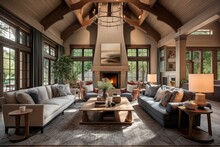 Traditional Home Interior Design Of Modern Living Room With Vaulted Ceiling.