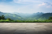 Square Floor And Green Mountain Nature Landscape.