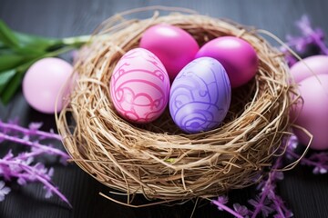  purple and pink easter eggs in a nest