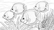 Butterflyfish fishes coloring page at underwater scene in line art hand drawn for kids