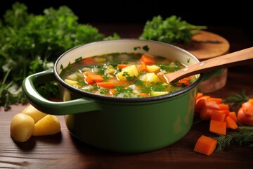 Poster - a pot of homemade vegetable soup with ladle