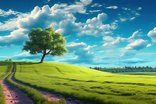 Beautiful Bright Colorful Summer Spring Landscape With Lonely Tree On Field, Fresh Green Grass On Meadow And Blue Sky With Clouds