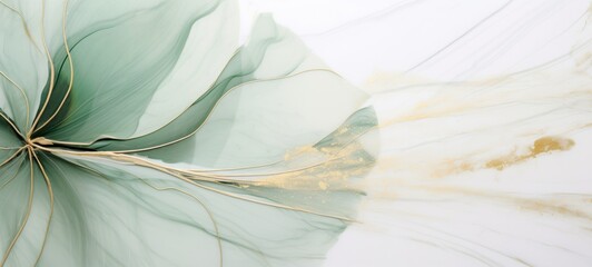 Aufkleber - Abstract marbled ink liquid fluid watercolor painting texture banner illustration - Soft mint green petals, blossom flower flowers swirls gold painted lines, isolated on white background