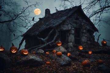 Wall Mural - halloween night, old house in mystical forest, around pumpkins, flying bats on big full moon background, scary and fabulous, dark magic