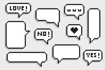 Pixel art speech bubble set with blank space and love sign, vector illustration on isolated background.