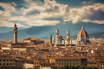 Cityscape featuring a renowned church and the historic district of Florence. Generative AI