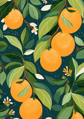 Wall Mural - Pattern summer orange fruit seamless tropical background fresh wallpaper citrus nature leaf