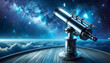 Digital art of a peaceful observatory setting. A refracting telescope with a gleaming metallic finish is positioned to observe the celestial wonders.