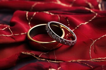 Wall Mural - two cracked wedding rings on a heart-shaped red velvet