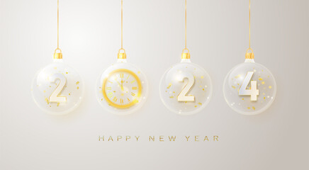 Wall Mural - 2024 Happy New Year in golden transparent. 2024 Golden metal number in glass bauble, decoration. Realistic 3d render metallic sign. Xmas Poster, banner, cover card, brochure flyer. Vector