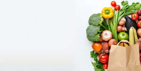 Wall Mural - Healthy food in paper bag vegetables and fruits on white background.