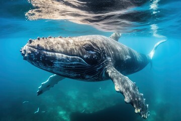 Young Humpback Whale In Blue Water.