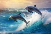 Playful Dolphins Jumping Over Breaking Waves. Hawaii Pacific Ocean Wildlife Scenery.