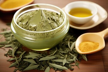 Poster - green tea peel-off mask placed near a scattering of tea leaves