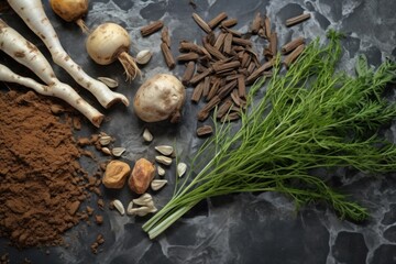 fresh medicinal roots on earthy granite surface