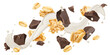 Falling oat granola with milk splash and chocolate isolated on white background