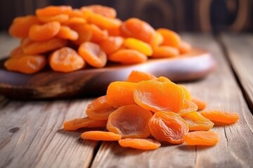 Sticker - a pile of dried apricots on a wooden table