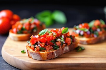 Poster - half prepared bruschetta showing tomato and basil layering