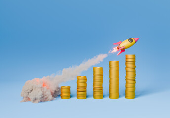 Rocket flying over the stacks of coins on blue background