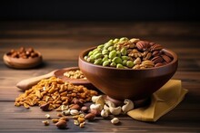 Mix Of Various Raw Nuts In A Bowl On Table