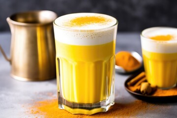 Poster - picture of turmeric latte with frothy milk topping on aluminum surface