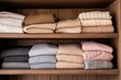 cashmere sweaters neatly folded on a wooden shelf