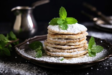 Sticker - vegan pancakes sprinkled with powdered sugar and small mint leaves