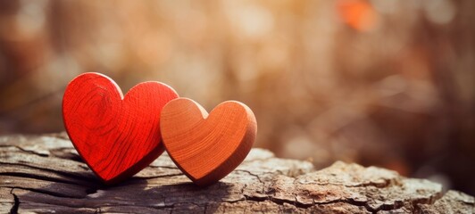 Happy Valentine's Day, Valentine Love Wedding birthday greeting card background  - Closeup of two red wooden hearts on table, illuminated by the sun