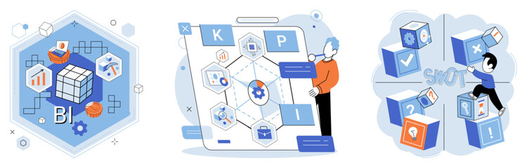 Fototapete - Analysis tool. Business intelligence. Vector illustration The research study explores new avenues for growth Graphs and charts facilitate datinterpretation Development strategies focus on product