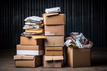 A pile of cardboard trash in front of a garage. Recycling concept