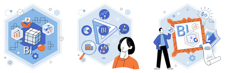 Fototapete - Business intelligence. Vector illustration Infographics present information in visually engaging manner Research informs business decisions and strategy development People are at heart successful