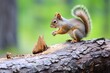 a squirrel nibbling a nut on a tree stump