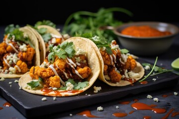 Poster - vegan buffalo tacos with crispy cauliflower and vegan blue cheese