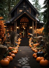 Halloween pumpkins jack o' lanterns, flowers and decor on front porch, staircase, exterior home decor, seasonal decorations