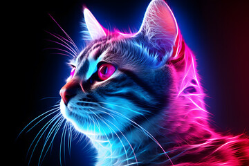 Cat portrait in neon colors background
