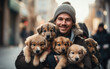 Dog walker with group of puppy cute dogs enjoying in walk in the city ,artwork graphic design illustration.