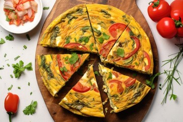 Wall Mural - overhead shot of veggie omelette cut into slices