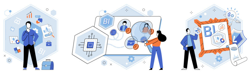 Fototapete - Business intelligence. Vector illustration Business and technology are intertwined in todays modern world The metaphor business intelligence represents power data-driven insights Each datum collected