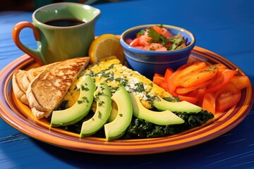 Wall Mural - veggie omelette with avocados and toast on a blue platter