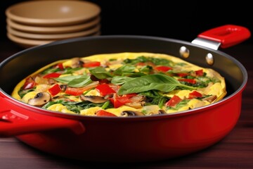 Poster - veggie omelette in red pan, shot from the side