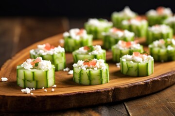 Sticker - watermelon slices topped with feta cheese and cucumber on a rustic tray