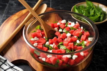 Sticker - watermelon and feta salad in a deep glass dish with a wooden spoon