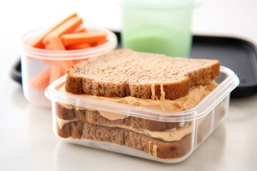 top view of a peanut butter sandwich in a plastic lunchbox