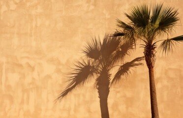 Wall Mural - palm tree casting shadow on beige textured wall tropical poster background