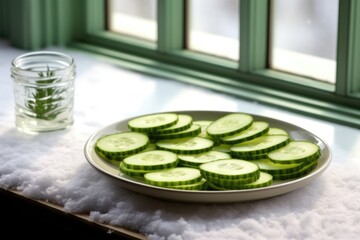 Wall Mural - chilled cucumber slices arranged on a spa table by a snowy window