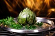 steamed artichoke on metal dish, steam visible